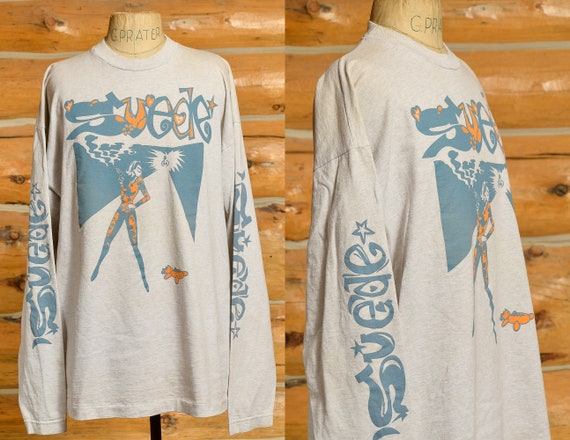 90s Suede Sleeve Script Grey Cotton Long Sleeve Gr