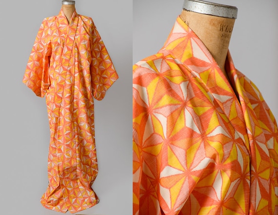 Vintage Kimono Geometric Print Orange Sherbet Cot… - image 1