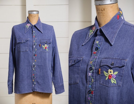 70s Levis Orange Tag Embroidered Denim Button Down