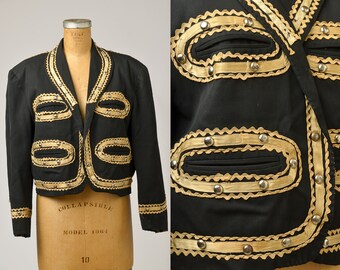 1940s Studded Bolero Jacket Black Rayon Gold Silk Trim Charro Jacket