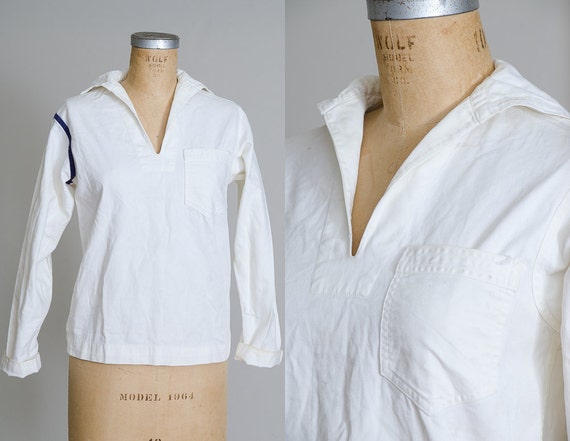 1940s WWII White Cotton Bibbed Nautical Sailor Shi