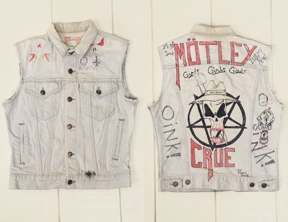 80s Motley Crue Levis Jean Vest Hand Painted Fan … - image 1