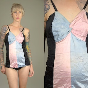 1940s Satin Swimsuit Sweetheart Pin Up Pink & Blue One Piece Bathing Suit Playsuit