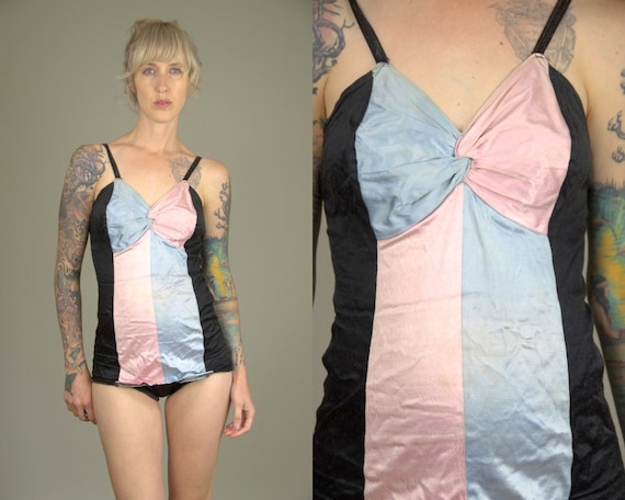 1940s Satin Swimsuit Sweetheart Pin Up Pink & Blu… - image 1