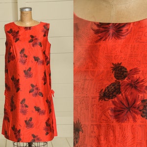 1950s Hawaiian Dress Red Floral Cotton Rockabilly Dress