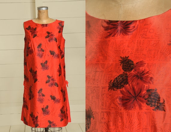 1950s Hawaiian Dress Red Floral Cotton Rockabilly… - image 1