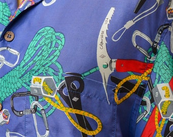 1980s Chouinard Climbing Equipment Shirt Blue Rayon Button 1980s Chouinard Climbing Equipment Shirt Blue Rayon Button