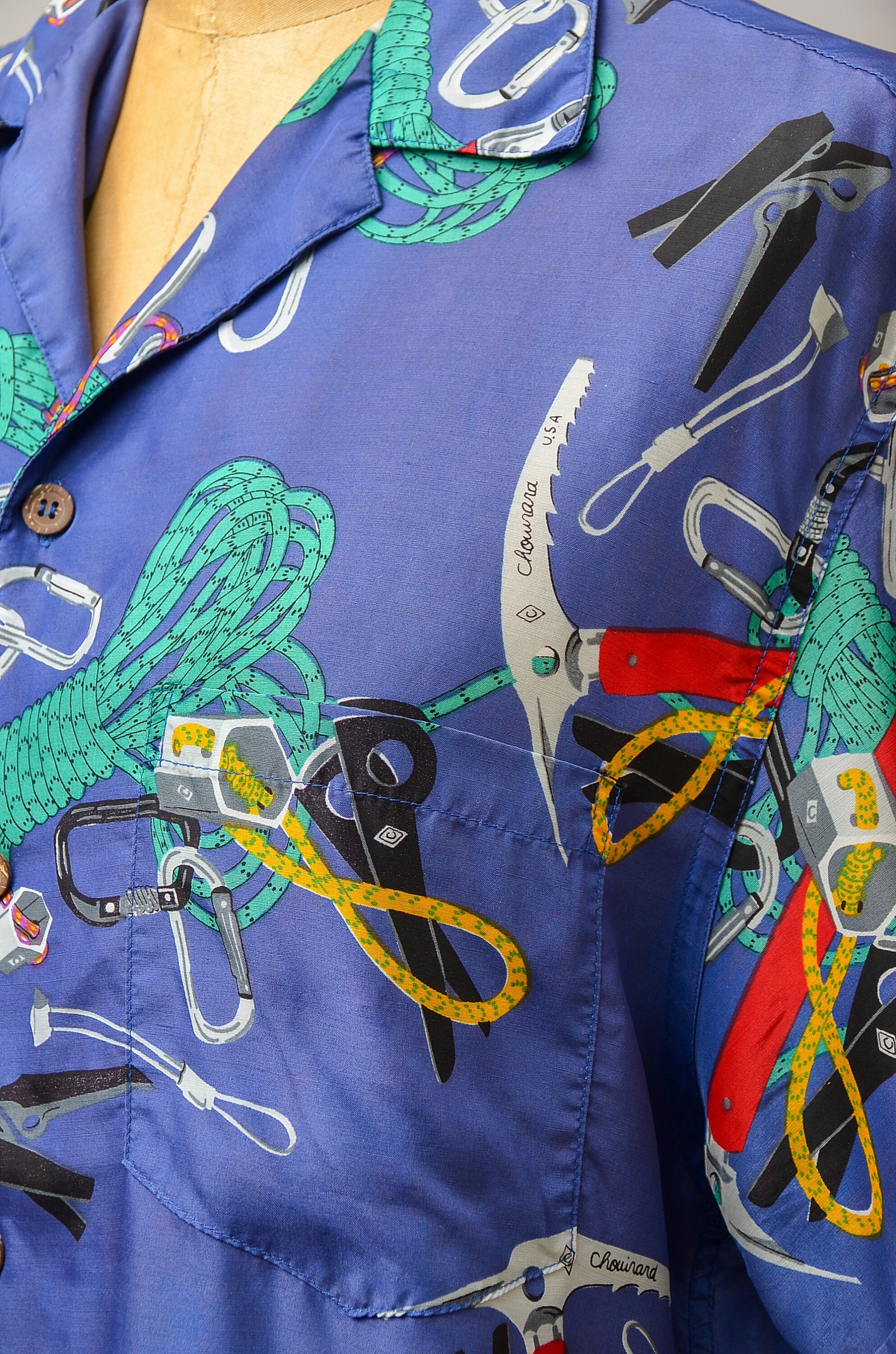 1980s Chouinard Climbing Equipment Shirt Blue Rayon Button 1980s Chouinard Climbing Equipment Shirt Blue Rayon Button