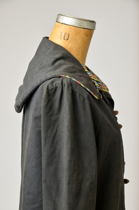 1950s Toggle Coat Deco Striped Black Cotton Hoode… - image 7