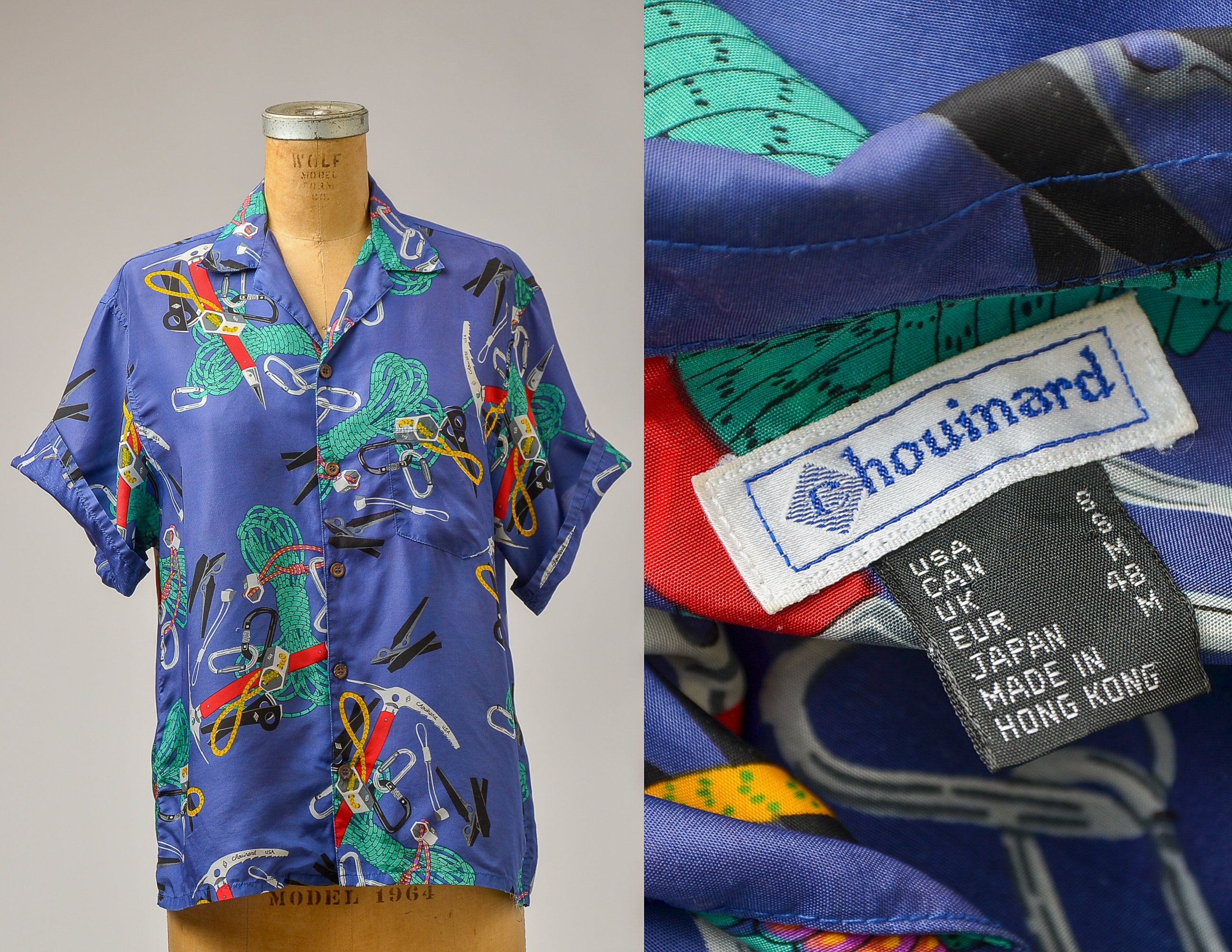 1980s Chouinard Climbing Equipment Shirt Blue Rayon Button 1980s Chouinard Climbing Equipment Shirt Blue Rayon Button