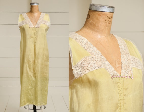 1920s Silk & Lace Dress Slip Pale Yellow Silk Full