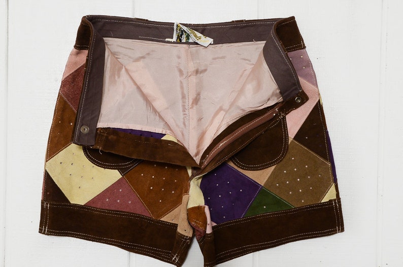 60s Patchwork Leather Mod Shorts High Waisted Glam Hippie Shorts