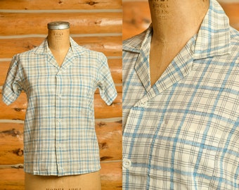 1960s Cotton Plaid Blue and White Short Sleeve Front Pocket Button Down Dress Shirt