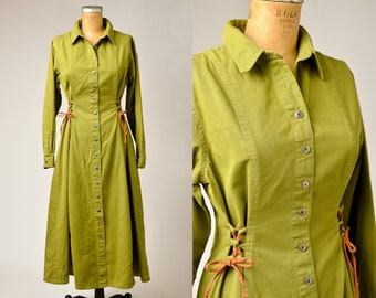 90s Avocado Green Button Down Dress Corset Lace Up Side Forenza Dress