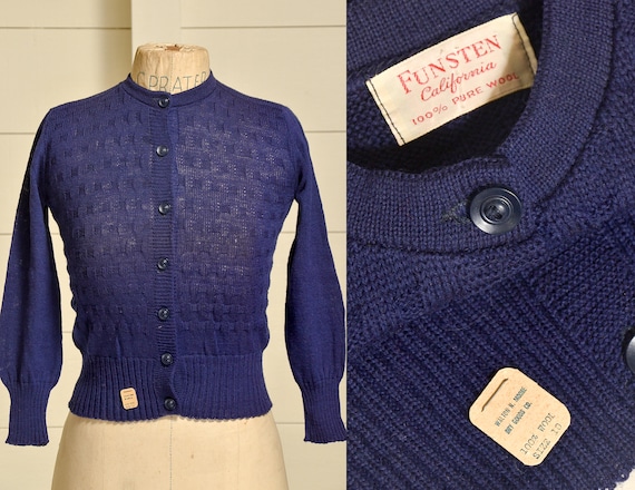 1950s Deadstock Cardigan Sweater Navy Blue Basketw