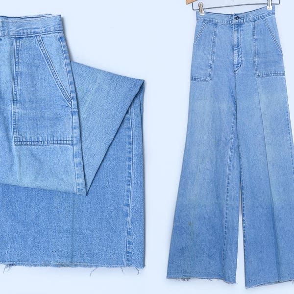 70s Bell Bottoms High Waisted Blue Denim Flared Jeans 26x 32