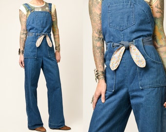 1970s Denim Jumpsuit Denim with Floral Cotton Tie Front Bell Bottom Bohemian Jumpsuit