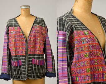 1970s Guatemalan Jacket Hand Woven Quilted Black Denim Folk Jacket