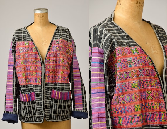 1970s Guatemalan Jacket Hand Woven Quilted Black … - image 1