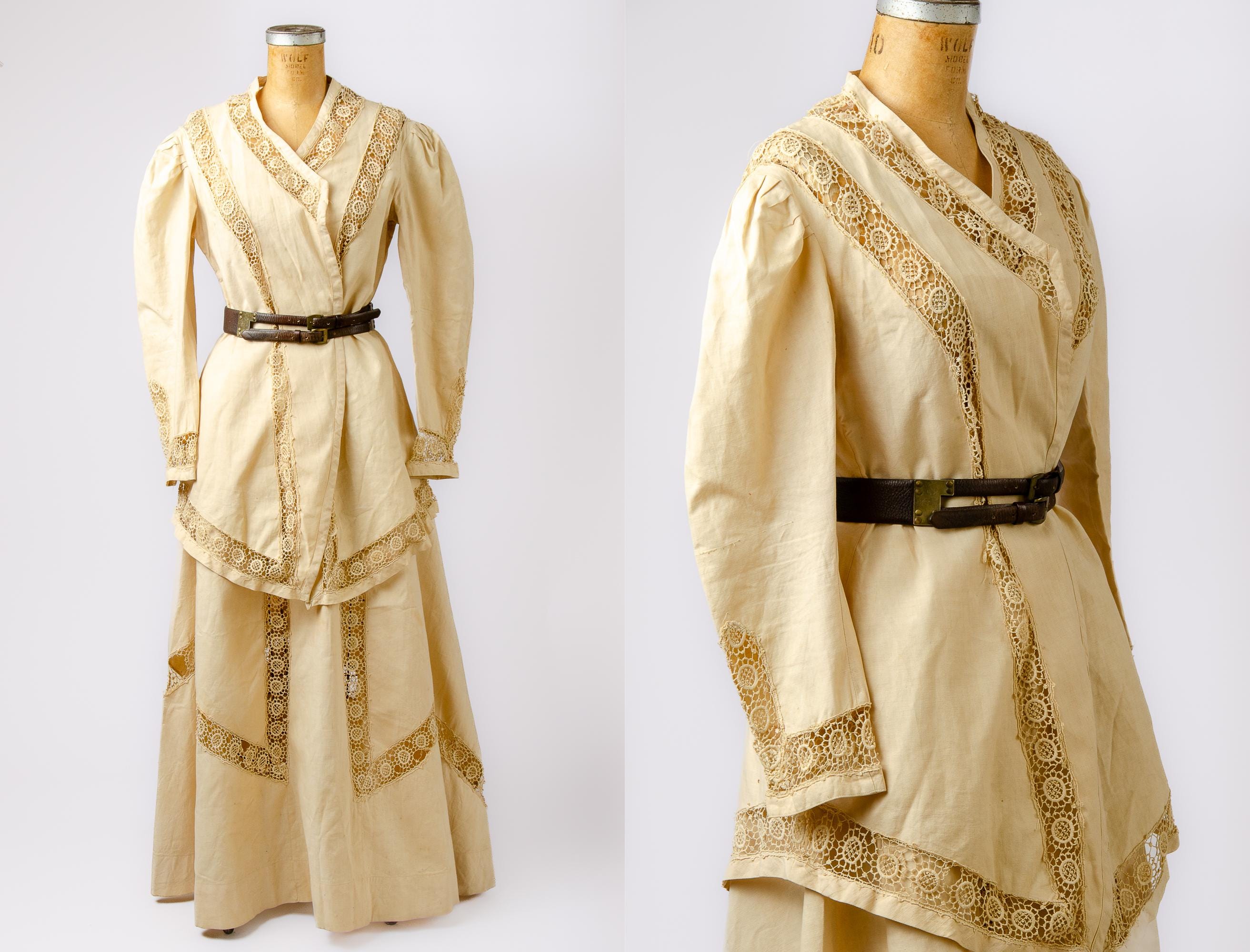 Vintage Edwardian Linen Dress Suit Hand Laced Two Piece Formal Set