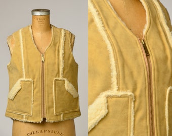 1970s Vegan Sheepskin Vest Shearling Lined Two Pocket Outdoor Zip Up Vest