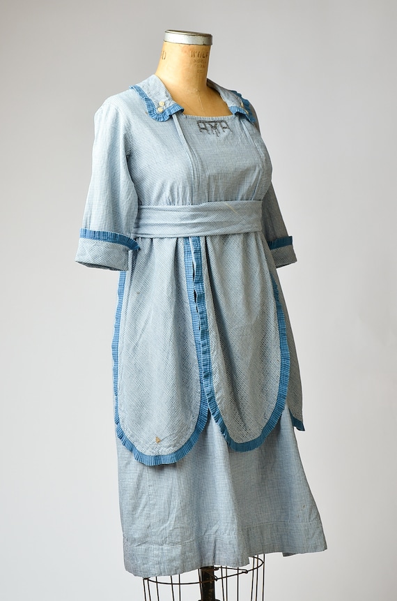 Vintage Edwardian Dress Indigo Blue & White Plaid… - image 2