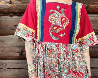 1970s Handmade Folk Dress Patchwork Style Hippie Dress