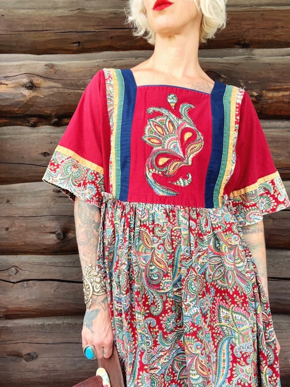 1970s Handmade Folk Dress Patchwork Style Hippie D