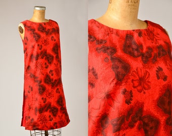 1950s Hawaiian Dress Red Floral Cotton Tropical Rockabilly Dress