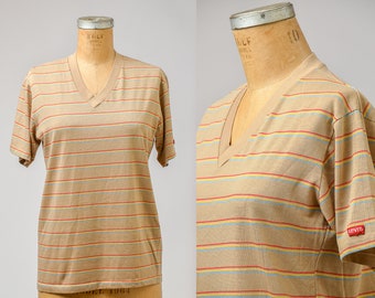 Vintage Striped 60s 70s Pocket T Shirt, 1960s 1970s Green