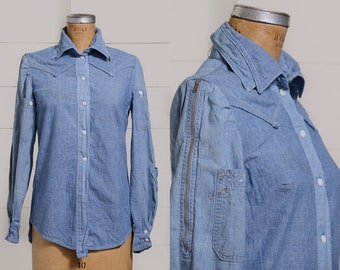 1960s Hippie Patchwork Custom Funk n Flash Montgomery Ward Chambray Cotton Hippie Shirt