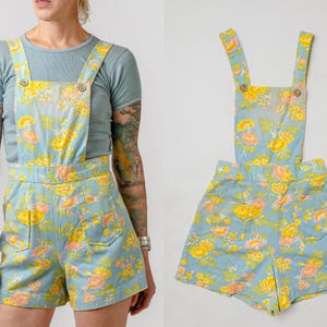 1970s Floral Denim Jumpsuit Hippie Overall Jumper W 25