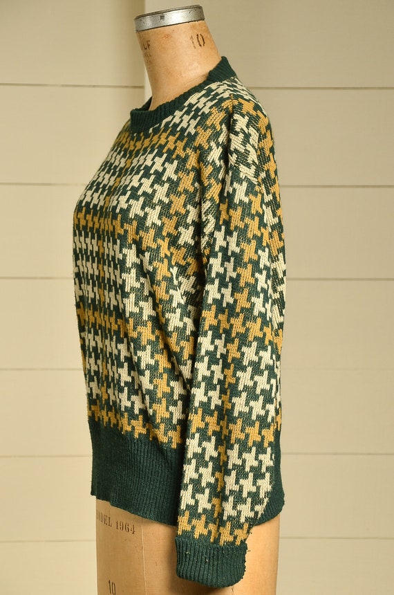 1960s Houndstooth Sweater Green & Yellow Pullover… - image 3