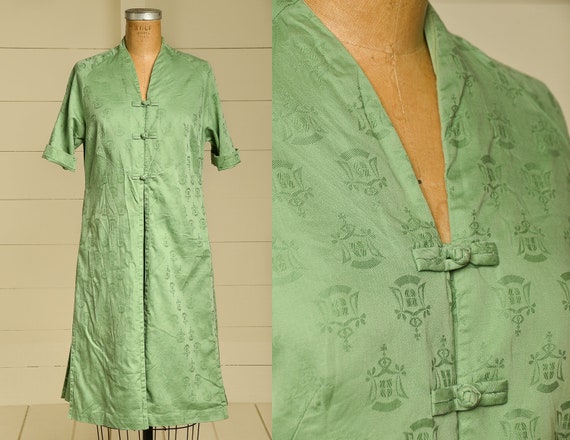 1950s Sage Green Silk Brocade Hawaiian Souvenir M… - image 1