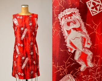 1950s Hawaiian Tiki Dress Red Floral Cotton Rockabilly Dress