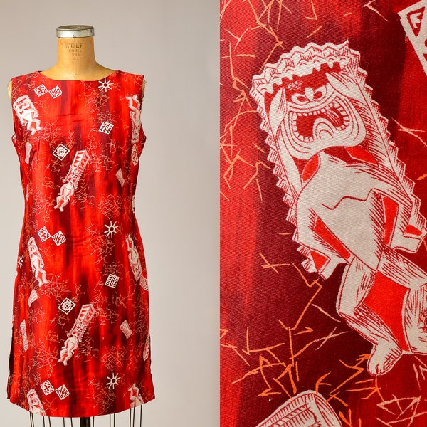 1950s Hawaiian Tiki Dress Red Floral Cotton Rockabilly Dress