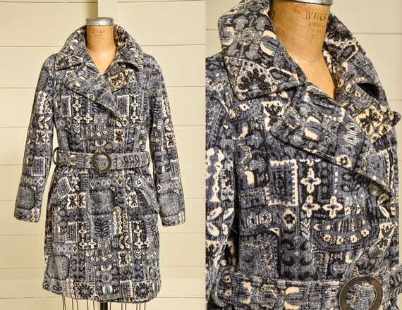 1960s Carpet Jacket Black & White Bohemian Tapestr