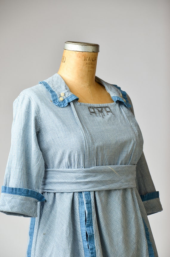 Vintage Edwardian Dress Indigo Blue & White Plaid… - image 3