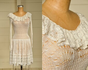 1920s Crochet Dress White Satin Lace See Thru Midi Flapper Dress