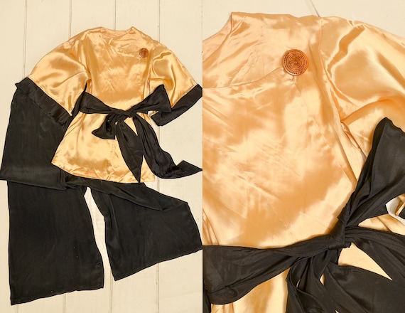 1930s Silk Jumpsuit Honey & Black Deco Lounge Suit