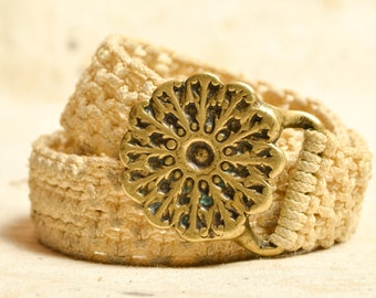 1970s Brass Marigold Buckle with Macrame Hippie Belt