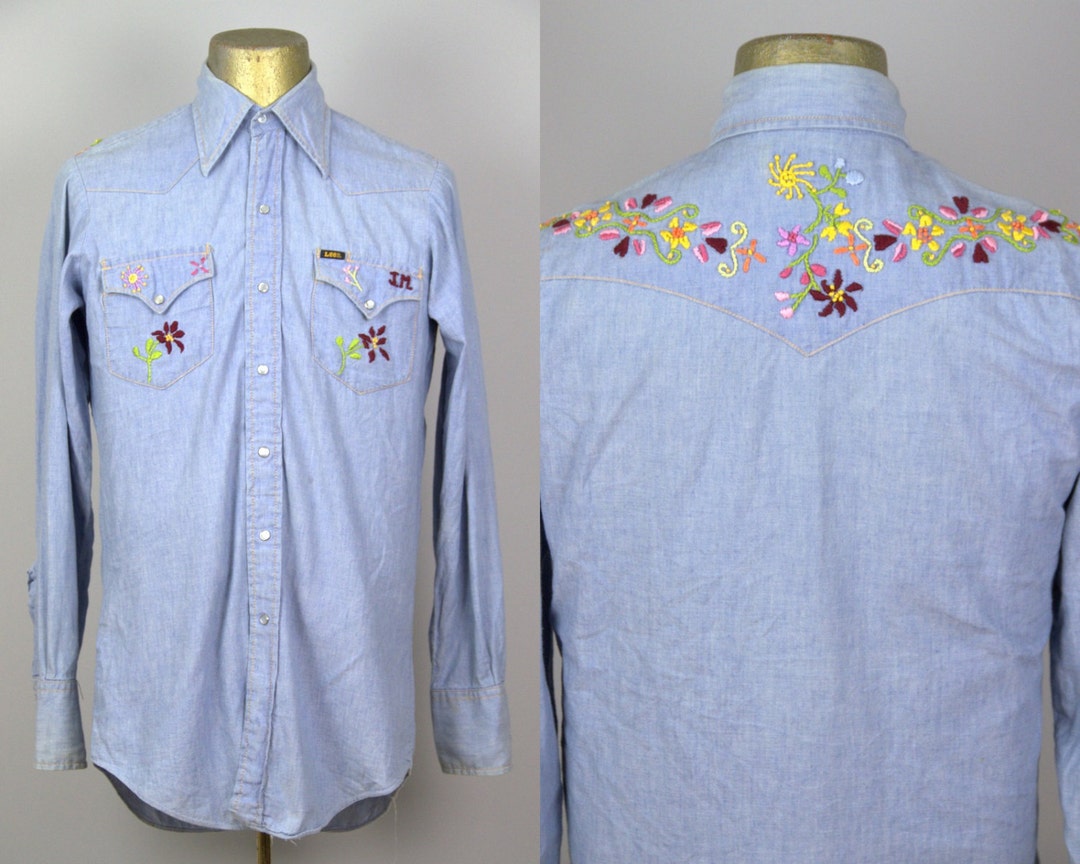 70s Embroidered Chambray Lee Denim Button Down Hippie Shirt - Etsy