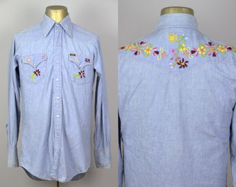 70s Embroidered Chambray Lee Denim Button Down Hippie Shirt