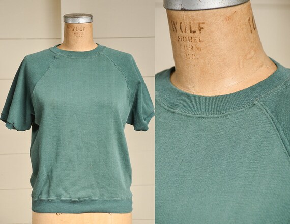 1960s Sweatshirt Green Cotton Short Sleeve Athleti