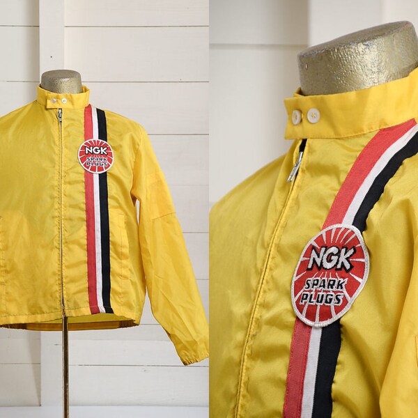 70s Racing Jacket NGK Spark Plugs Bright Yellow Windbreaker Lightweight Jacket