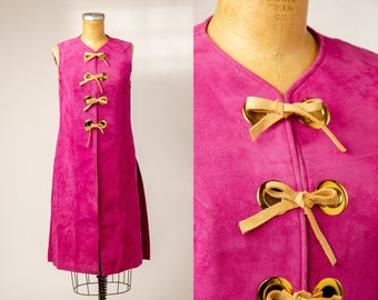 1960s Leather Dress Bonnie Cashin Style Pink Lace Up Mod Trench Style Dress Jacket