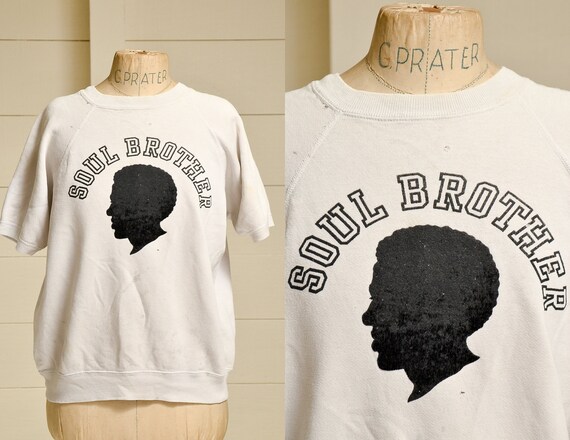 1960s Soul Brother Sweatshirt Flocked Cotton Black