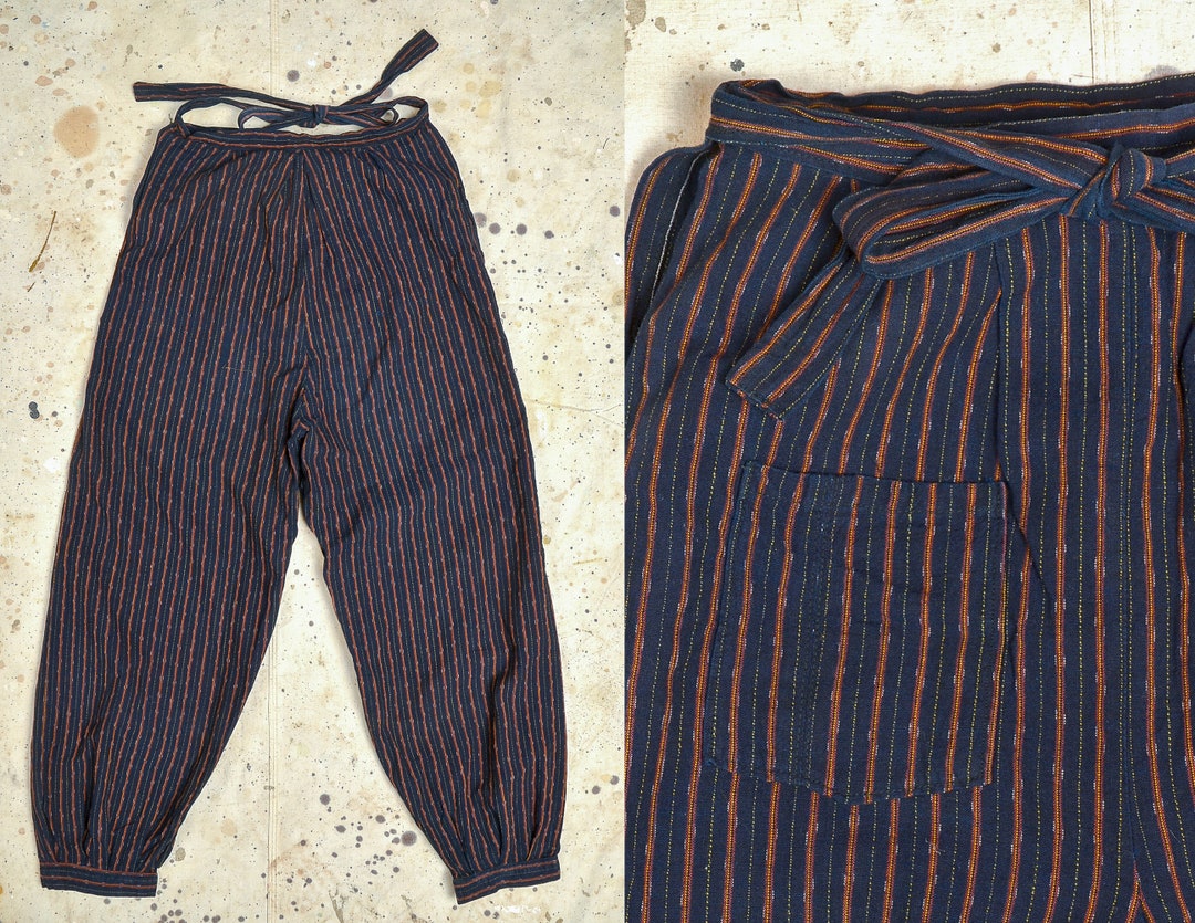 Vintage Japanese Indigo and Brown Stripe Monpe Wrap Around