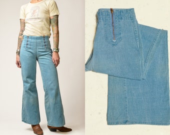 1970s Bell Bottoms Double Zip Sailor Style Wide Leg Jeans 27 x 31