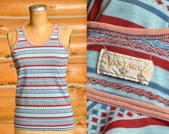 1970s Jacquard Knit Striped Tank Top Diamond Pattern Vintage Knit Surf Tank